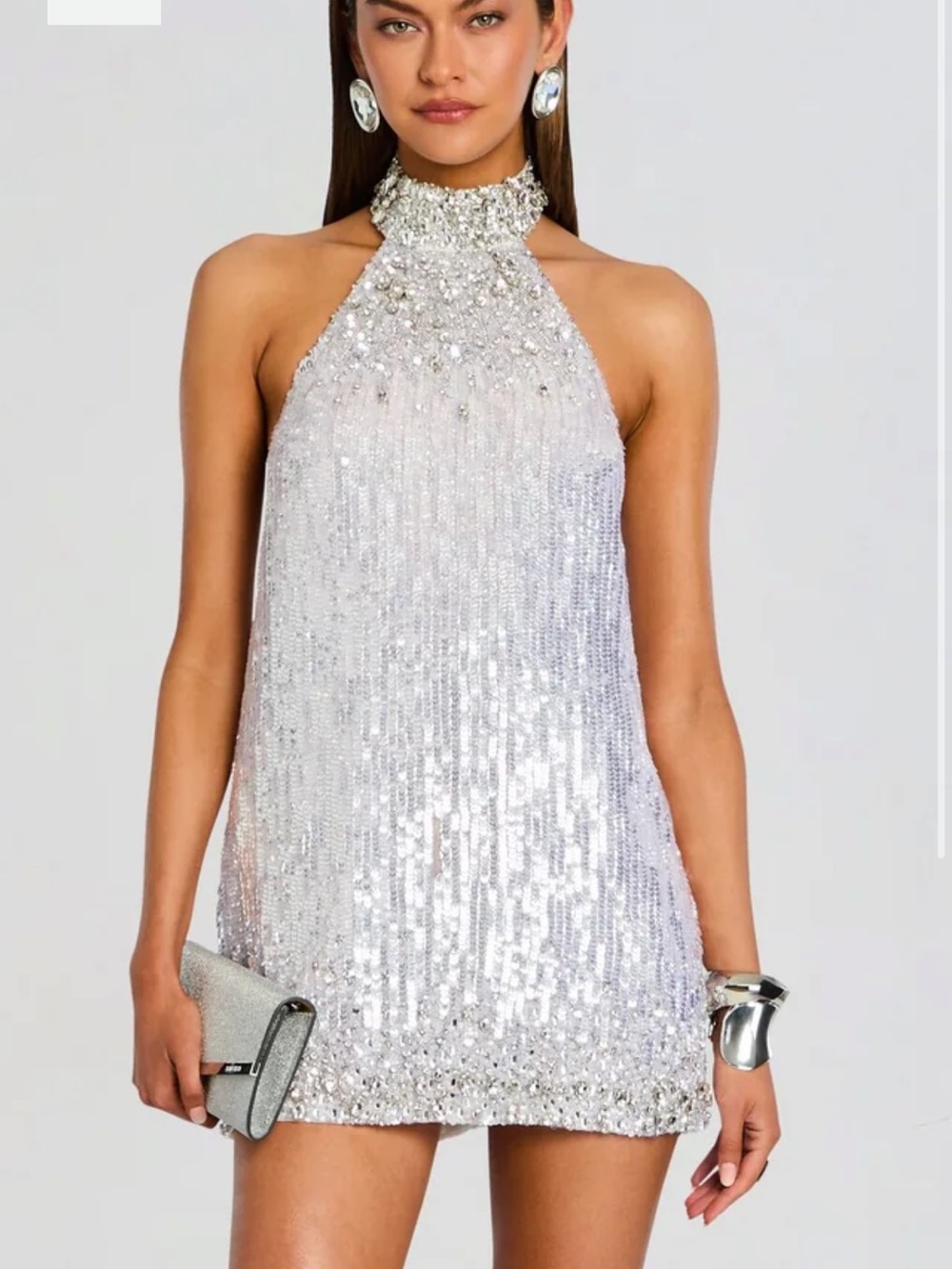 Retrofete Silver Beaded Halter Mini Dress